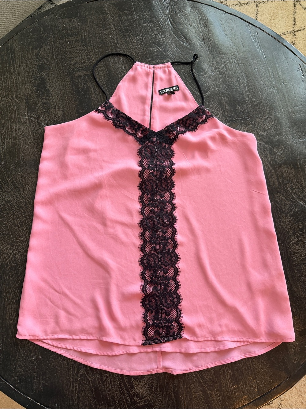 Y2K Express Pink Halter Top with Black Lace Detail
